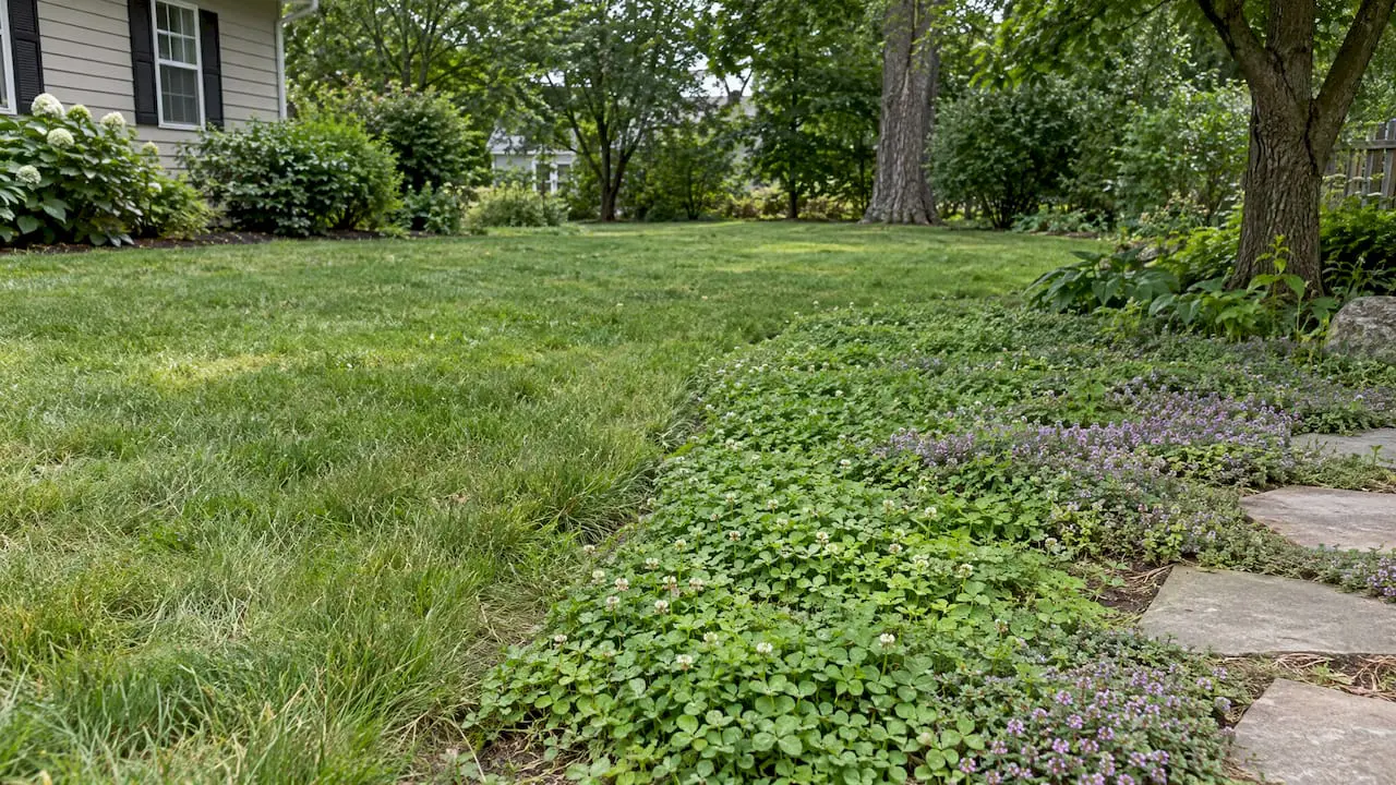 Existing lawn with clover and creeping thyme
