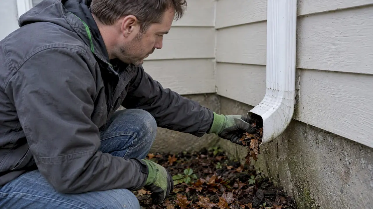 Homeowner checking leaves at downspout outlet