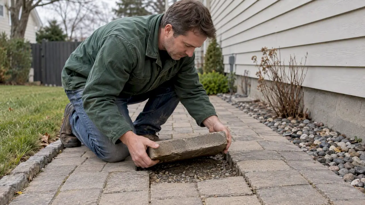Homeowner lifting sunken pavers above aggregate base