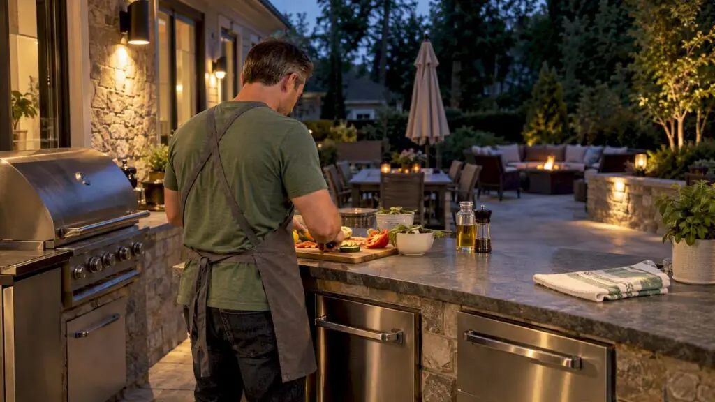 Homeowner prepping food under warm outdoor kitchen lights