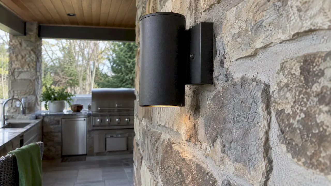 Outdoor wall light mounted on rough stone veneer