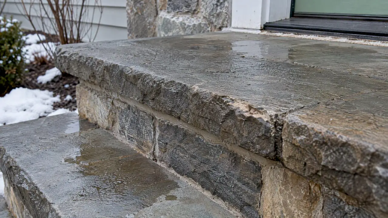 Subtle freeze-thaw flaking on a stone tread
