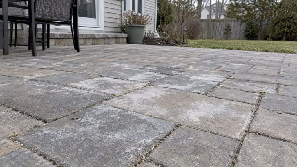 White mineral haze across concrete patio pavers