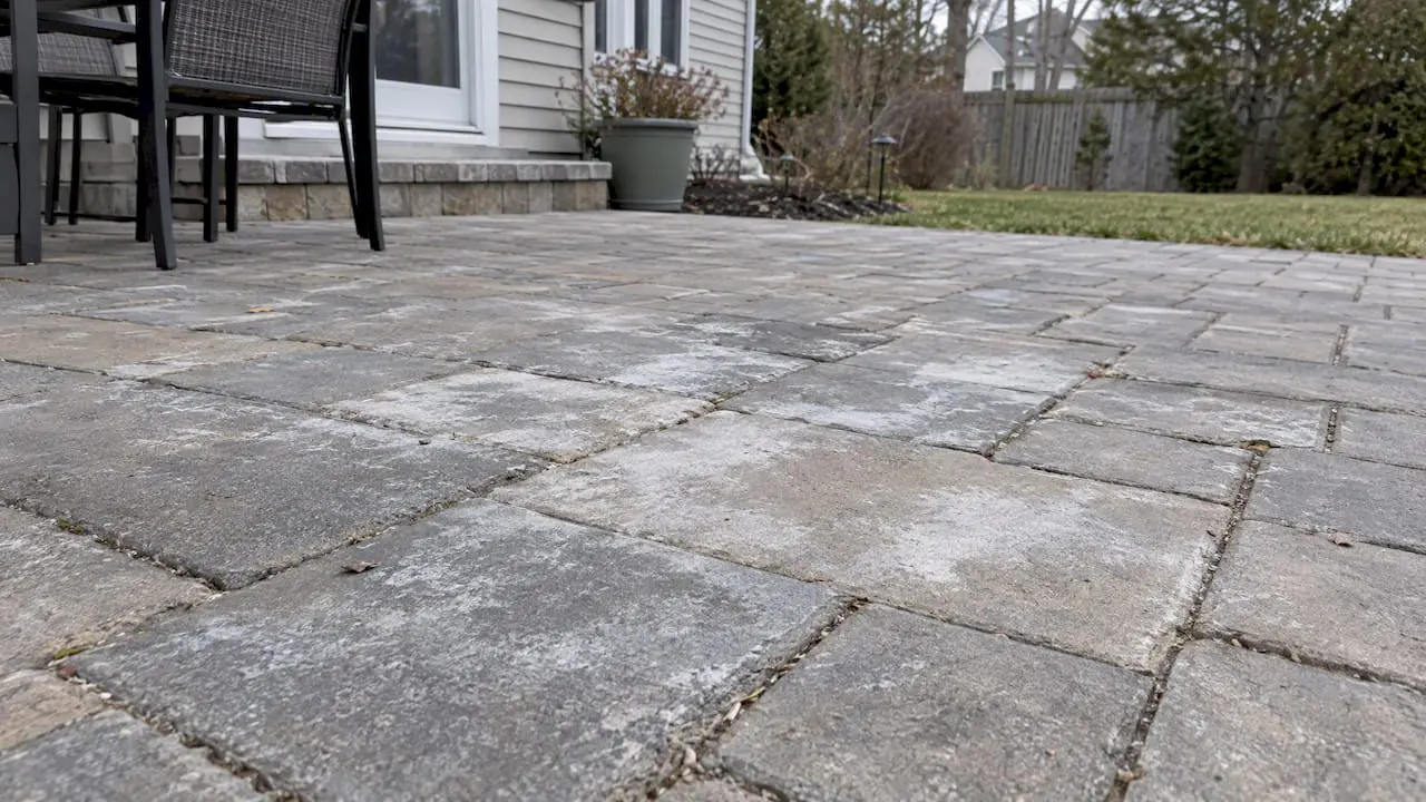 White mineral haze across concrete patio pavers