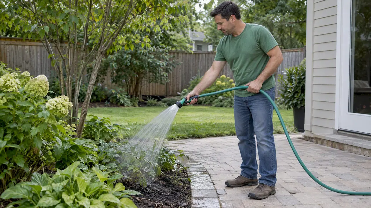 Homeowner watering plants beside a paver patio
