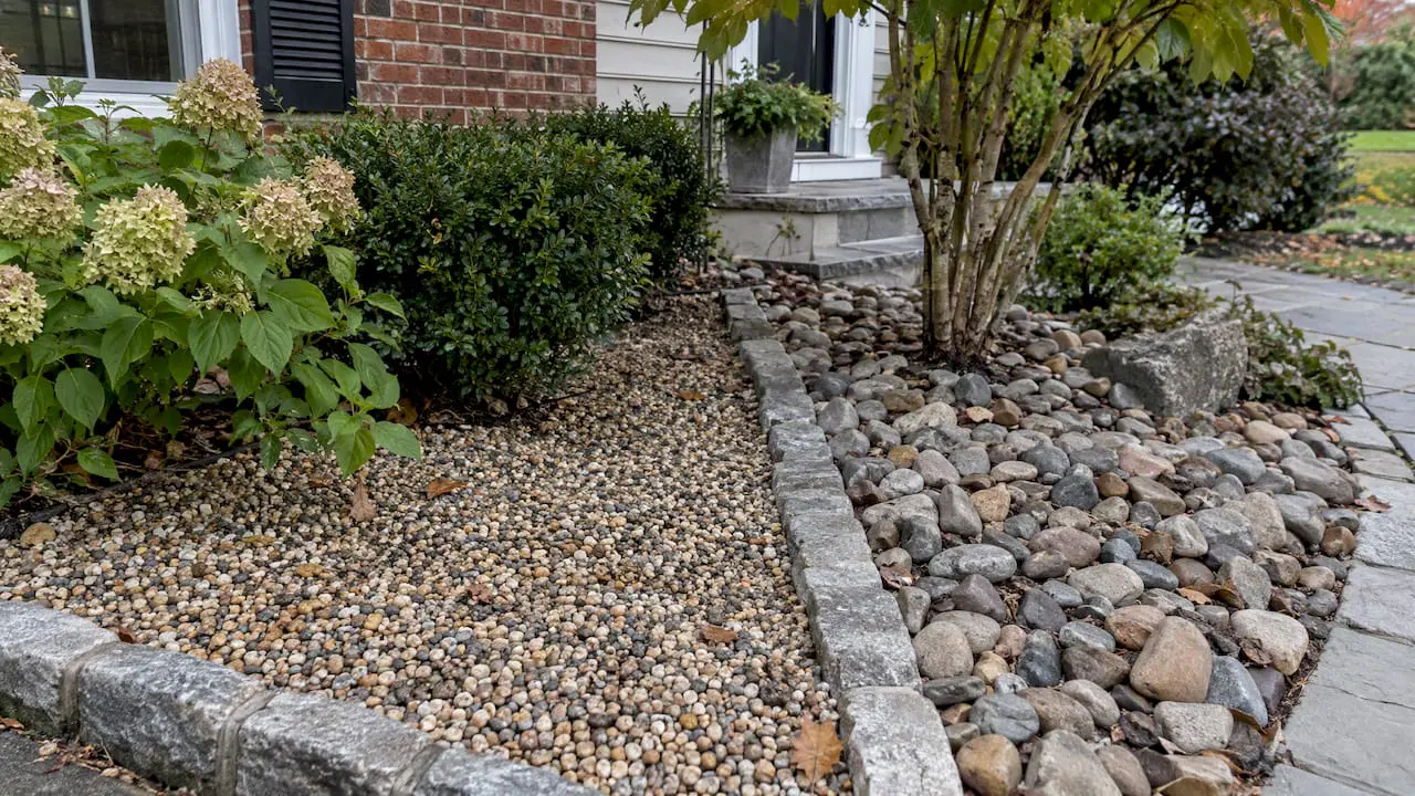 Pea gravel and river rock in garden beds