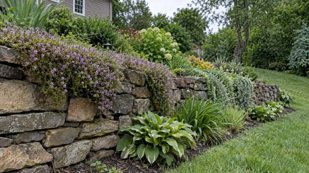 Cascading plants soften a residential retaining wall