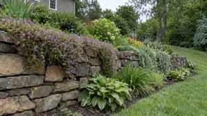 Cascading plants soften a residential retaining wall