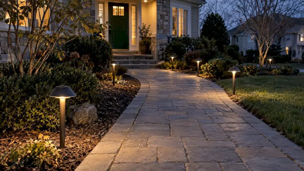 Evenly spaced lights along a stone walkway