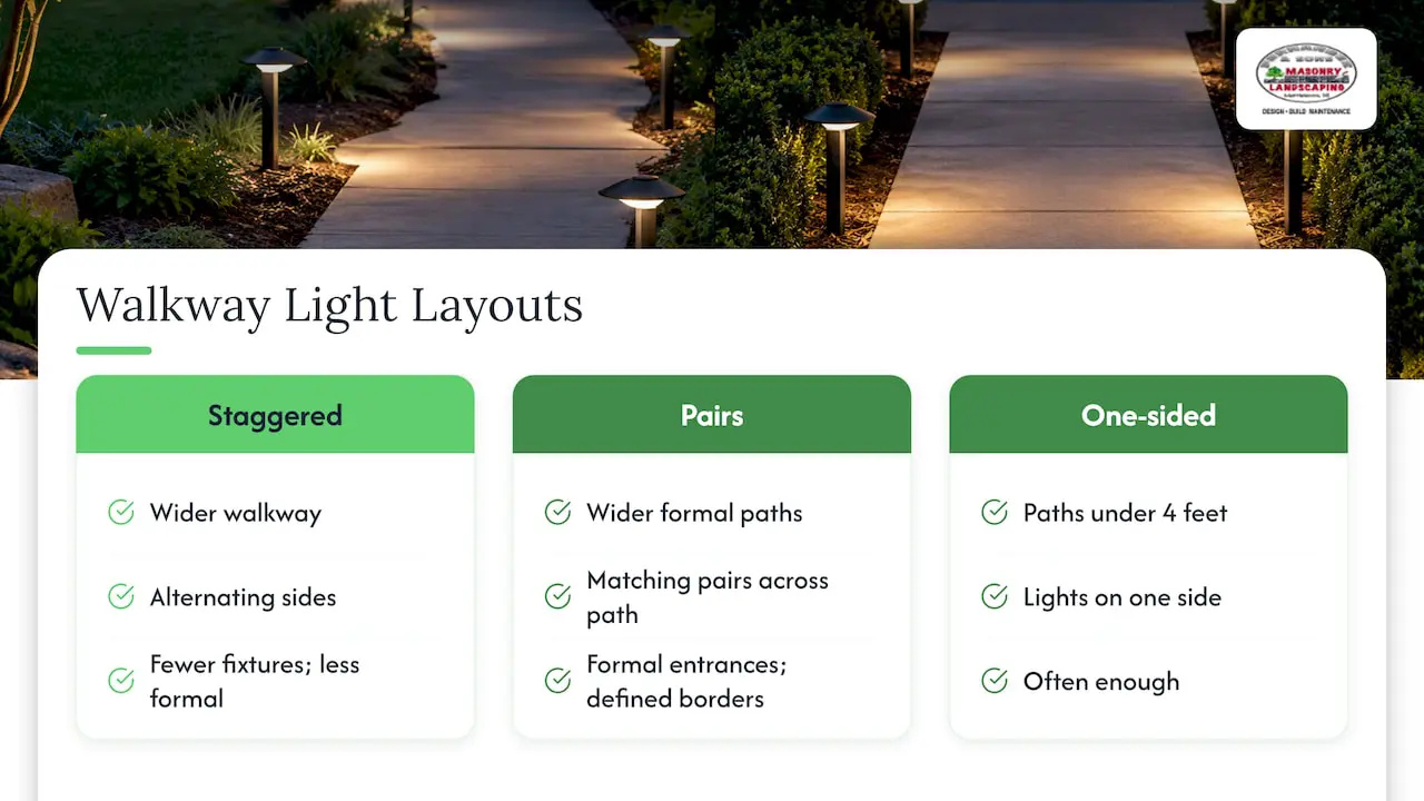 Three walkway layouts for path lights