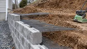Geogrid extending behind a block retaining wall