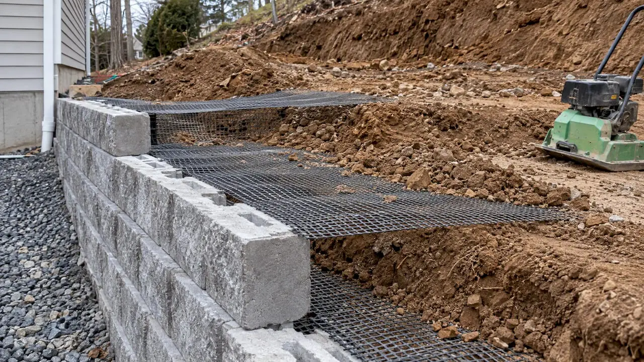 Geogrid extending behind a block retaining wall