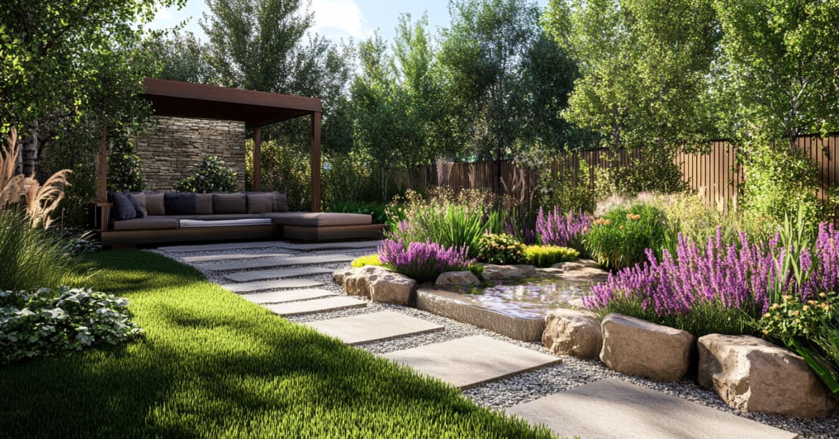 backyard stone pavers and tiny stone walk with lush plants leading to pergola and patio, concept of NJ Budget-Friendly Summer Landscape & Decor Ideas