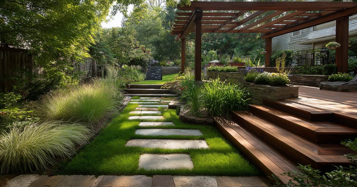 wood steps to deck, wood pergola, trees, shrubs, 2026 landscape trends for NJ