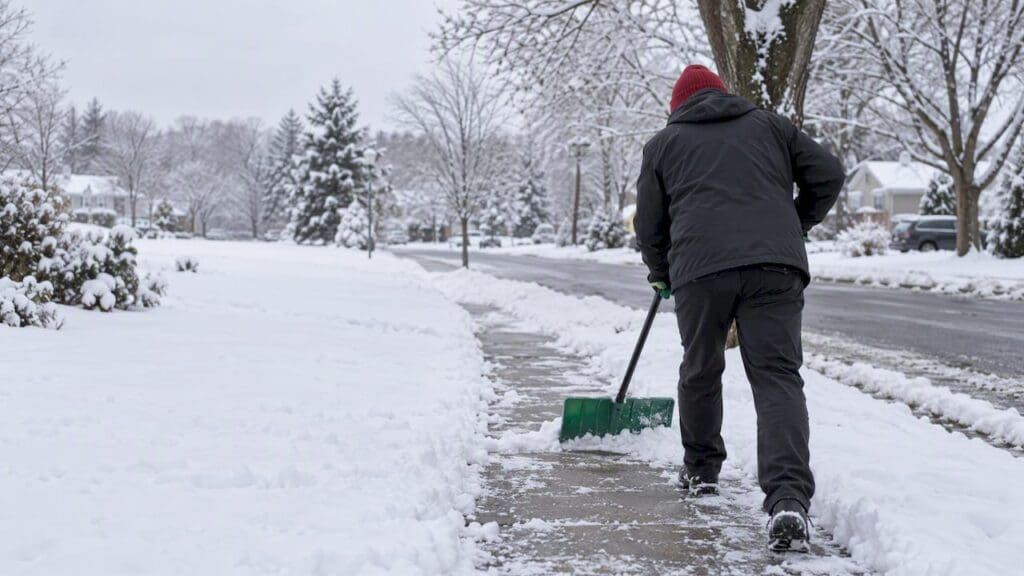 Homeowner clearing snow from New Jersey sidewalk