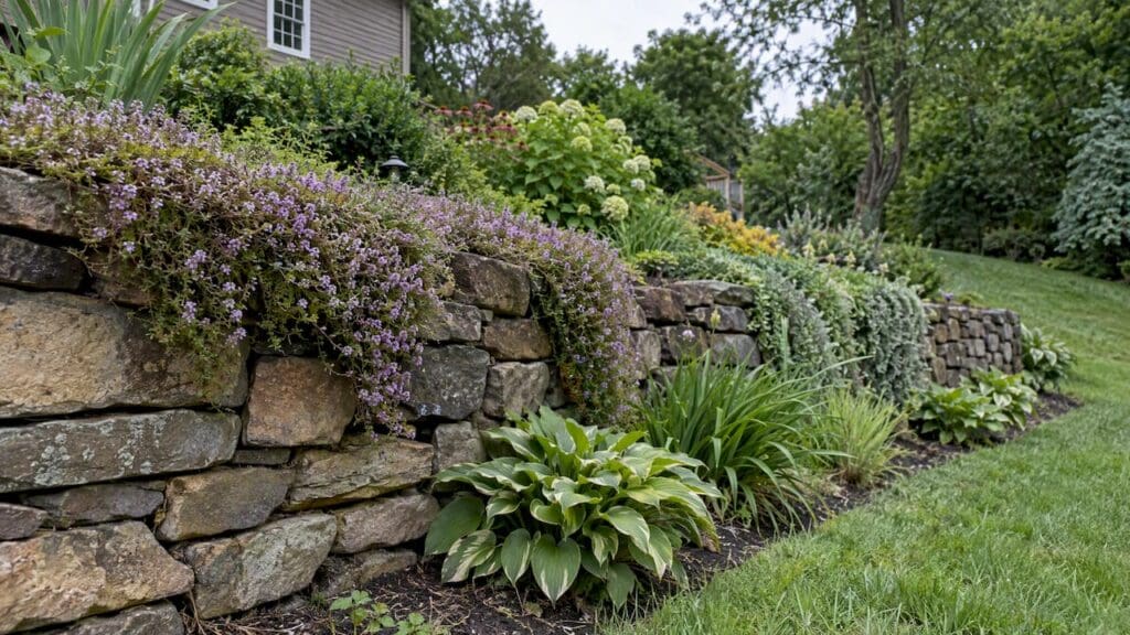 Cascading plants soften a residential retaining wall