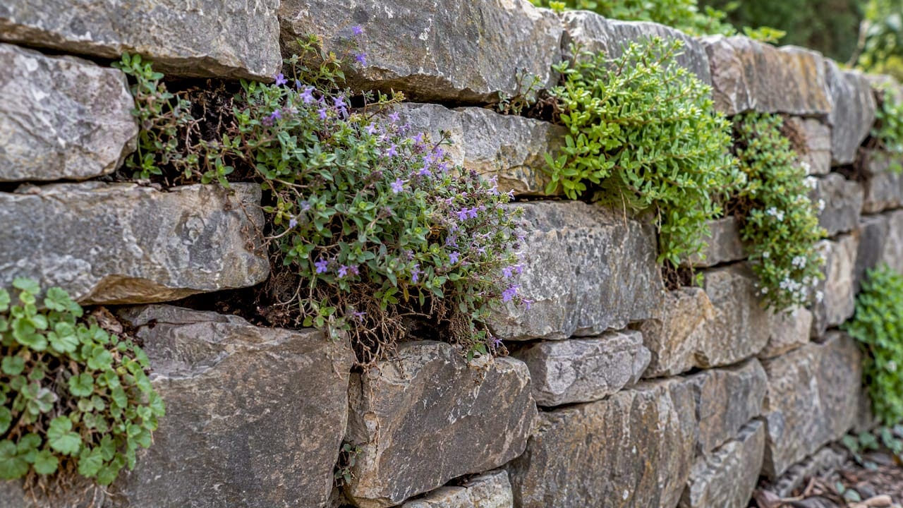 Plants rooted in open retaining wall joints
