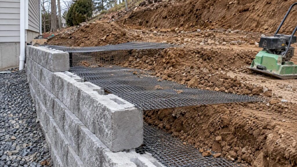 Geogrid extending behind a block retaining wall
